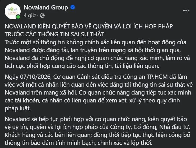 Novaland lên tiếng sau khi công an làm việc với người tung tin đồn phá sản