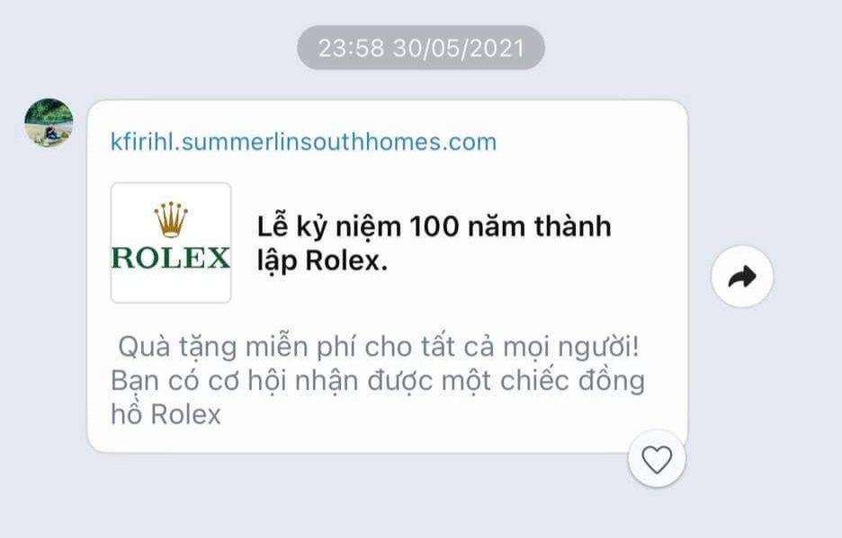Cảnh báo: Click vào link ‘trúng thưởng đồng hồ Rolex’, coi chừng 'bay' mất tài khoản