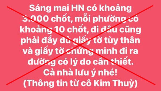 Thông tin 'Hà Nội có 3.000 chốt kiểm dịch' là bịa đặt, không đúng sự thật