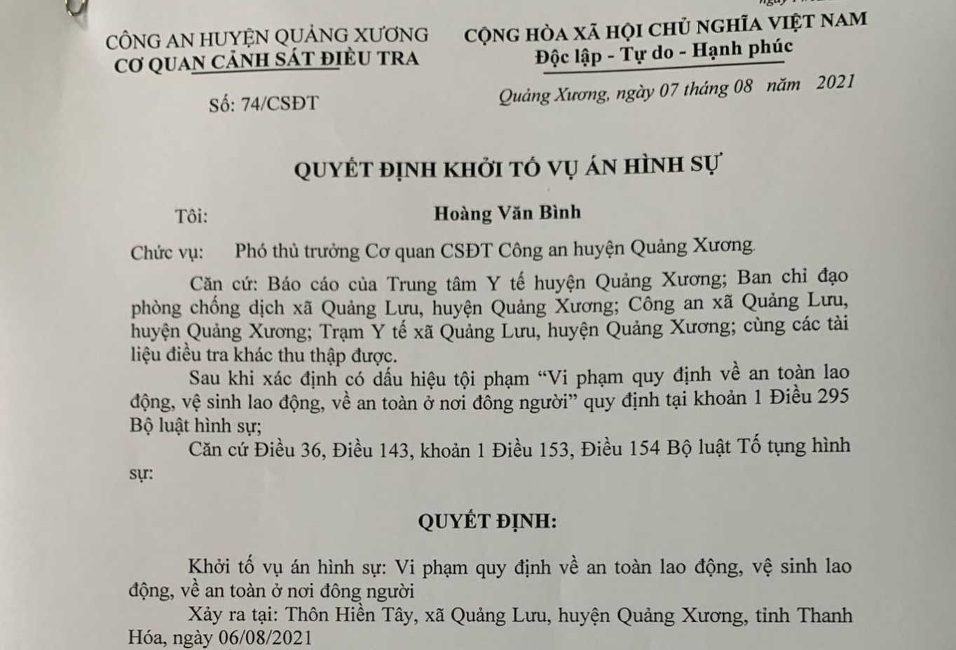 Khởi tố vụ án hình sự liên quan đến dịch bệnh Covid-19 tại Thanh Hóa