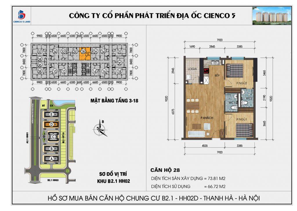 Bán căn hộ 74m² tầng đẹp, ban công hướng Nam tại KĐT Thanh Hà Cienco 5