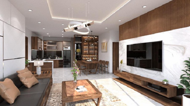 Căn hộ 3 phòng ngủ trở nên sang trọng, hiện đại hơn nhờ chất liệu gỗ tối màu