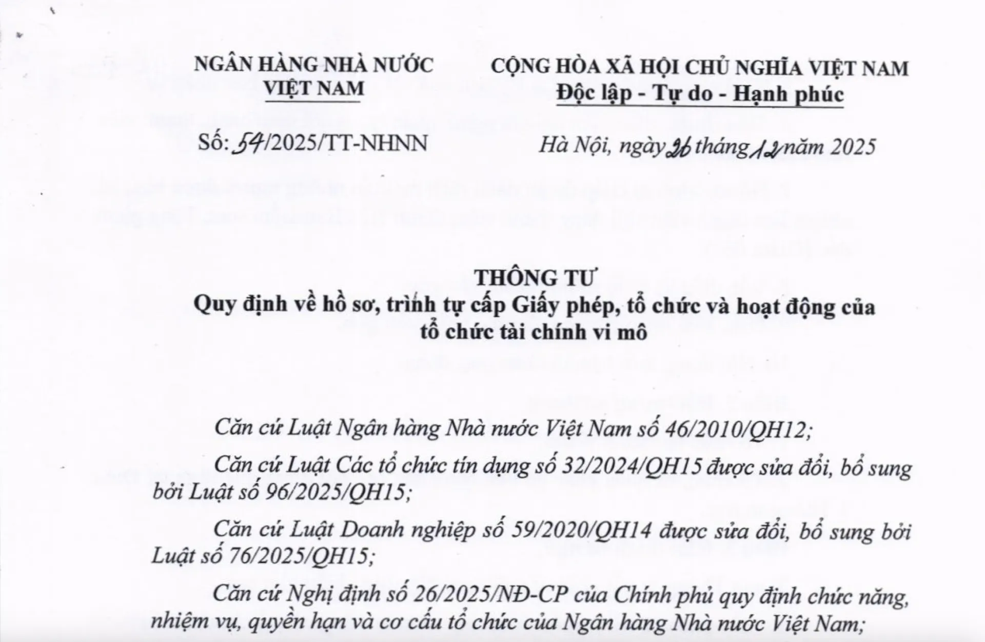 THÔNG TƯ 54/2025/TT-NHNN