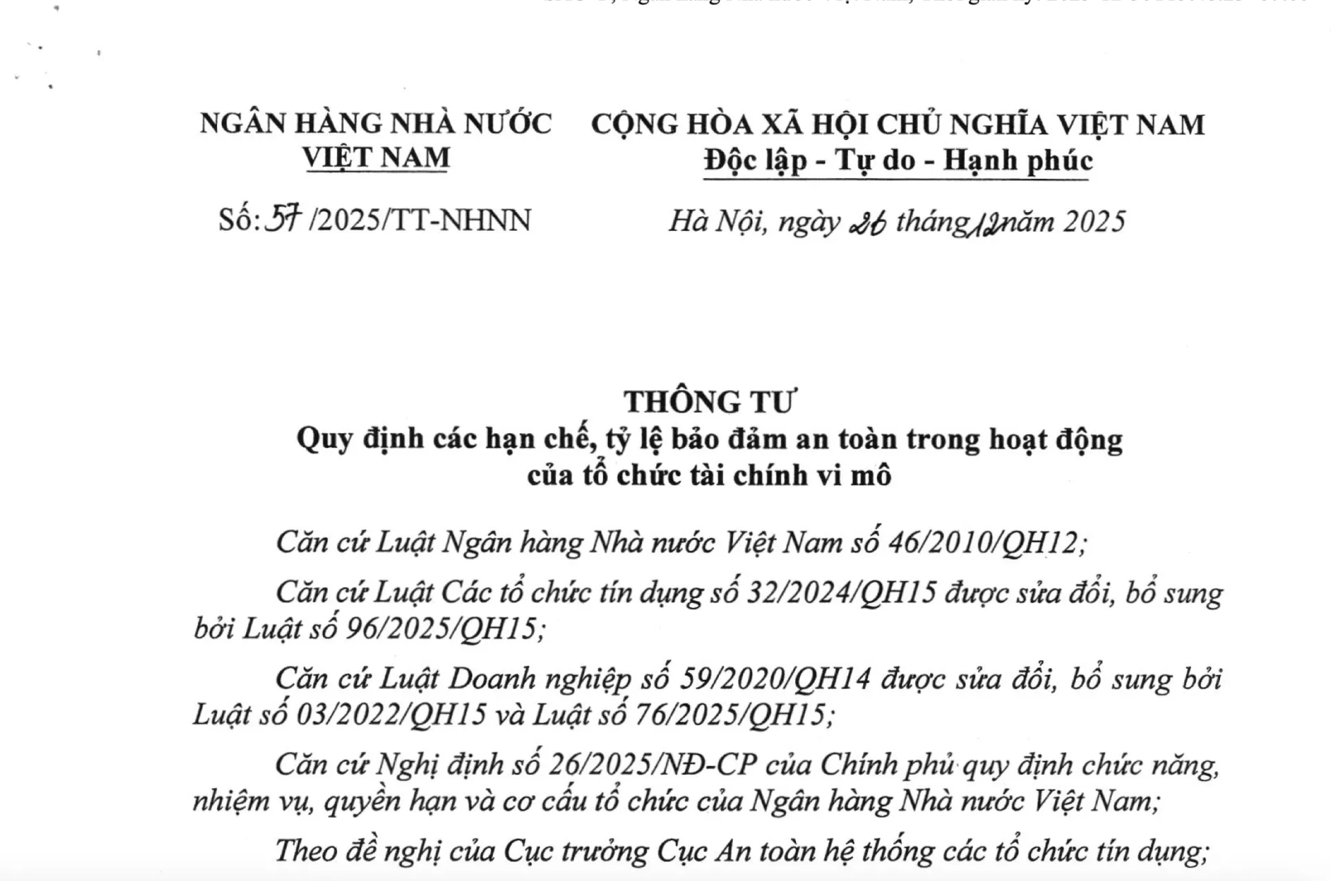 THÔNG TƯ 57/2025/TT-NHNN