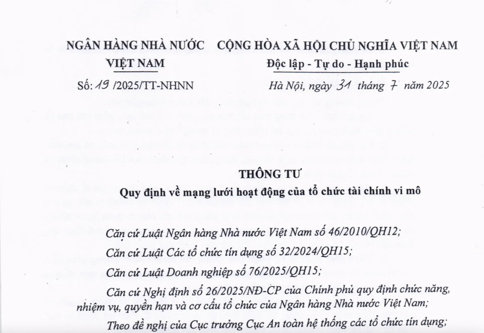THÔNG TƯ 19/2025/TT-NHNN