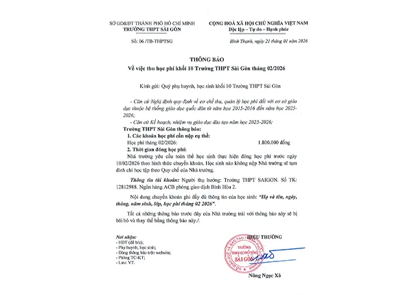 Thông báo về việc thu học phí khối 10 Trường THPT Sài Gòn tháng 02/2026
