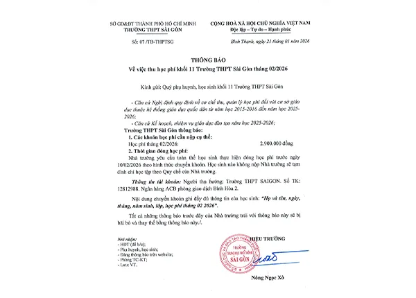 Thông báo về việc thu học phí khối 11 Trường THPT Sài Gòn tháng 02/2026