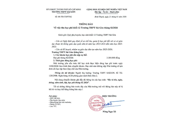 Thông báo về việc thu học phí khối 10 Trường THPT Sài Gòn tháng 02/2026