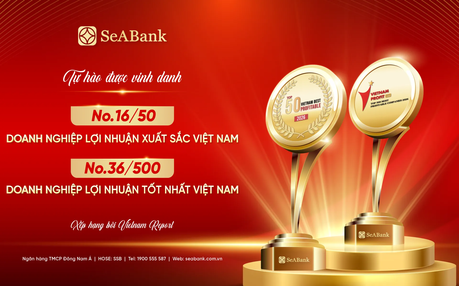 SeABank xếp thứ 16 trong Top 50 Doanh nghiệp lợi nhuận xuất sắc Việt Nam