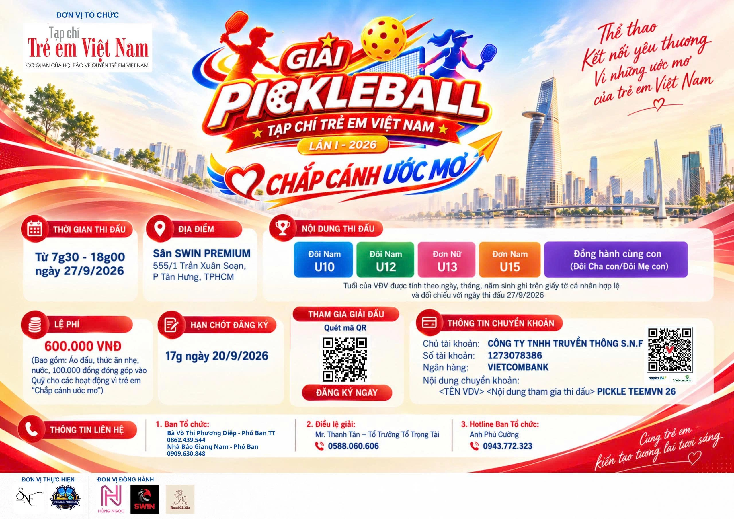 Giải Pickleball Tạp chí Trẻ em Việt Nam lần 1 – “Chắp cánh ước mơ” mở cổng đăng ký
