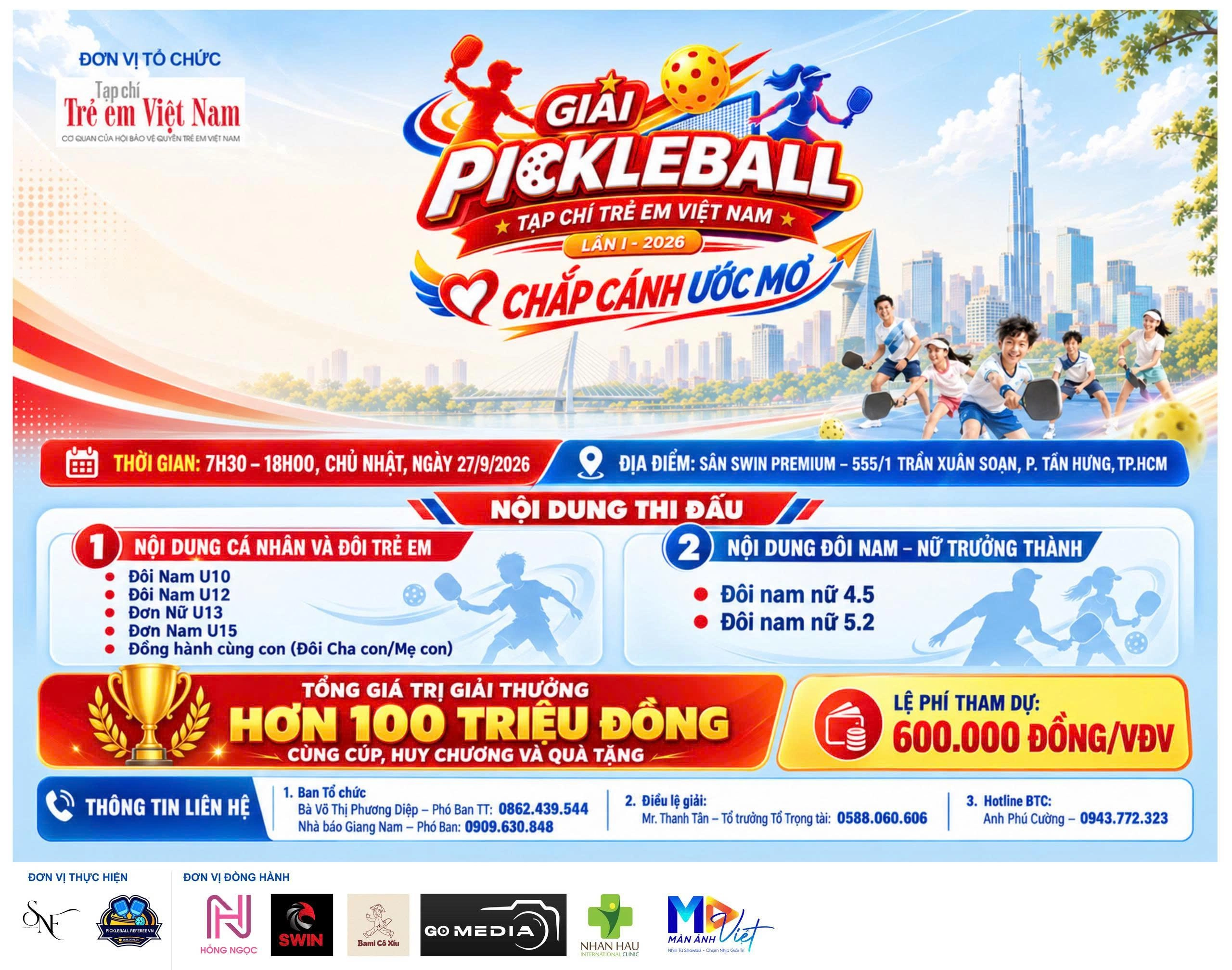 Giải Pickleball Tạp chí Trẻ em Việt Nam lần 1 – “Chắp cánh ước mơ” mở cổng đăng ký