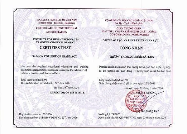 Trường Cao đẳng Dược Sài Gòn đạt chuẩn kiểm định chất lượng cơ sở giáo dục nghề nghiệp