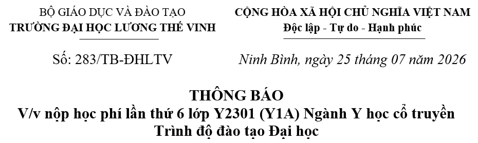Thông báo về nộp học phí lần thứ 6 lớp Y2301 (Y1A), ngành Y học cổ truyền, trình độ đại học