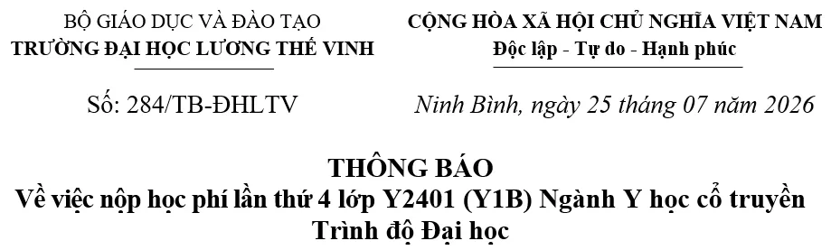 Thông báo về nộp học phí lần thứ 4 lớp Y2401 (Y1B), ngành Y học cổ truyền, trình độ đào tạo đại học