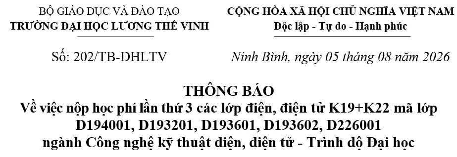 Thông báo về nộp học phí lần thứ 3 các lớp D194001, D193201, D193601, D193602, D226001 ngành Công nghệ kỹ thuật điện, điện tử, trình độ đào tạo đại học