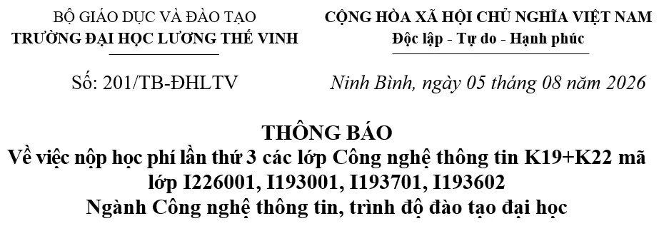 Thông báo về nộp học phí lần thứ 3 các lớp I226001, I193001, I193701, I193602, ngành Công nghệ thông tin, trình độ đào tạo đại học