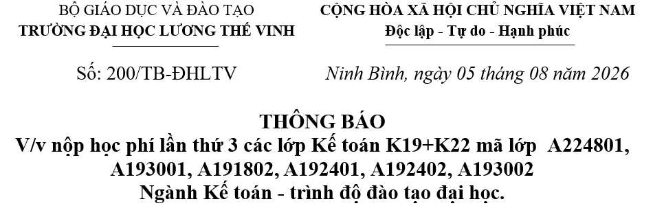 Thông báo về nộp học phí lần thứ 3 các lớp A224801, A193001, A191802, ngành Kế toán, trình độ đào tạo đại học