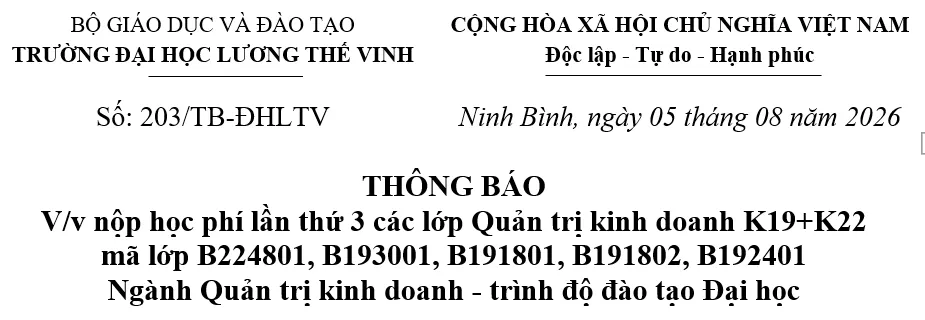 Thông báo về thu học phí lần thứ 3 các lớp lớp B224801, B193001, B191801, B191802, B192401 - ngành Quản trị kinh doanh - trình độ đào tạo Đại học
