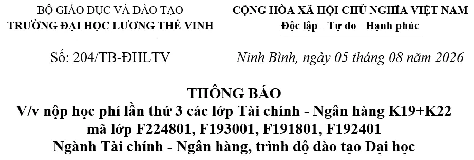 Thông báo về thu học phí lần thứ 2 các lớp F224801, F193001, F191801, F192401 - ngành Tài chính - Ngân hàng, trình độ đào tạo Đại học