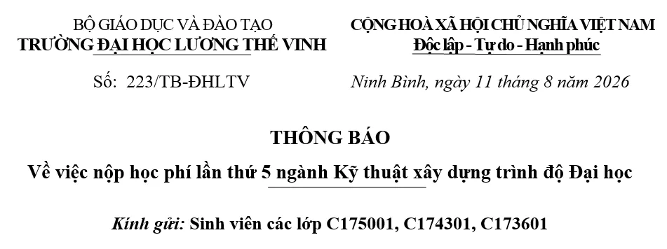 Thông báo về nộp học phí lần thứ 5 các lớp C175001, C174301, C173601 ngành Kỹ thuật xây dựng - Trình độ Đại học