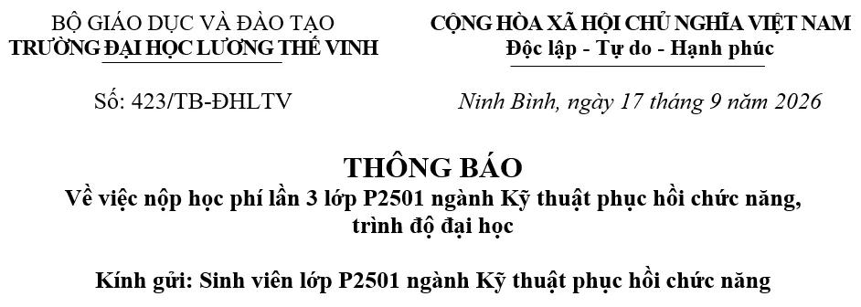 Thông báo về nộp học phí lần thứ 3 lớp P2501 ngành Kỹ thuật phục hồi chức năng, trình độ đại học