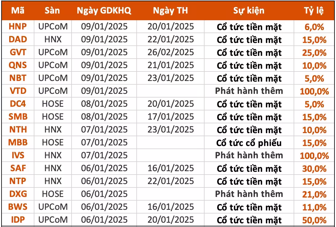 Lịch chốt quyền cổ tức tuần mới từ 6/1-10/1: Có doanh nghiệp trả cổ tức tiền mặt cao nhất 50%