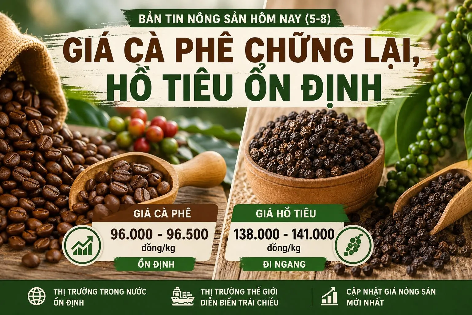 Giá nông sản hôm nay (5/8): Giá cà phê chững lại, hồ tiêu tiếp tục đi ngang