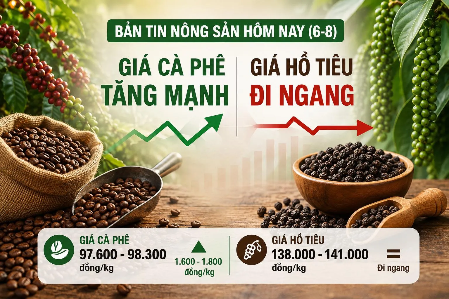 Giá nông sản hôm nay (6-8): Giá cà phê bật tăng mạnh, hồ tiêu tiếp tục đi ngang