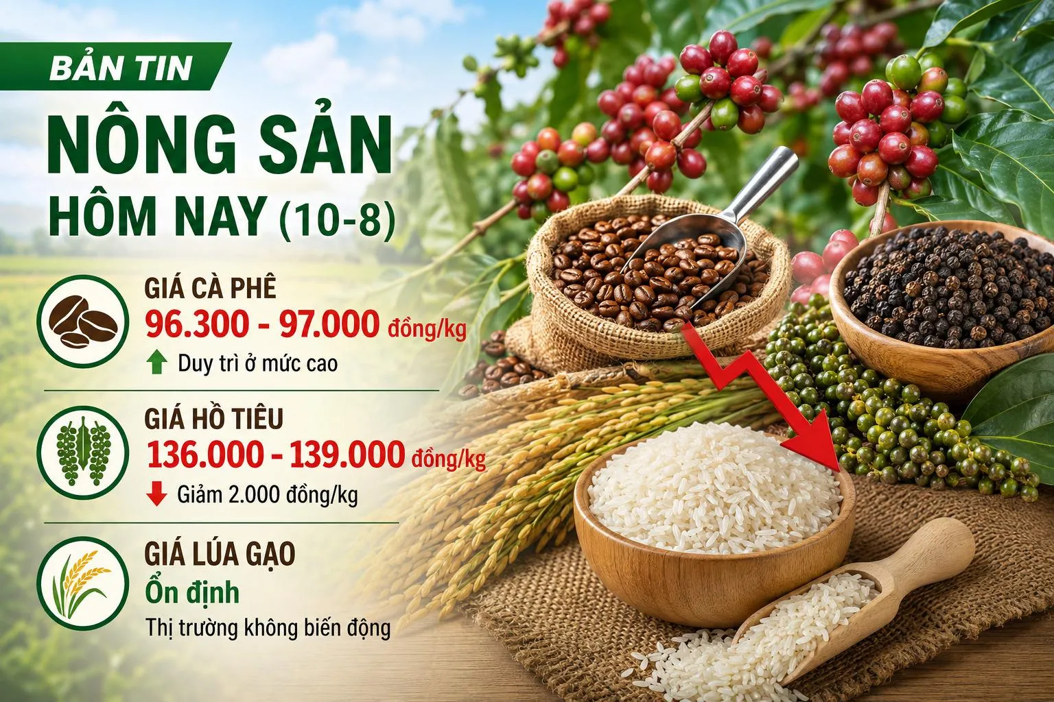 Giá nông sản hôm nay (10-8): Giá cà phê neo cao, hồ tiêu giảm 2.000 đồng/kg