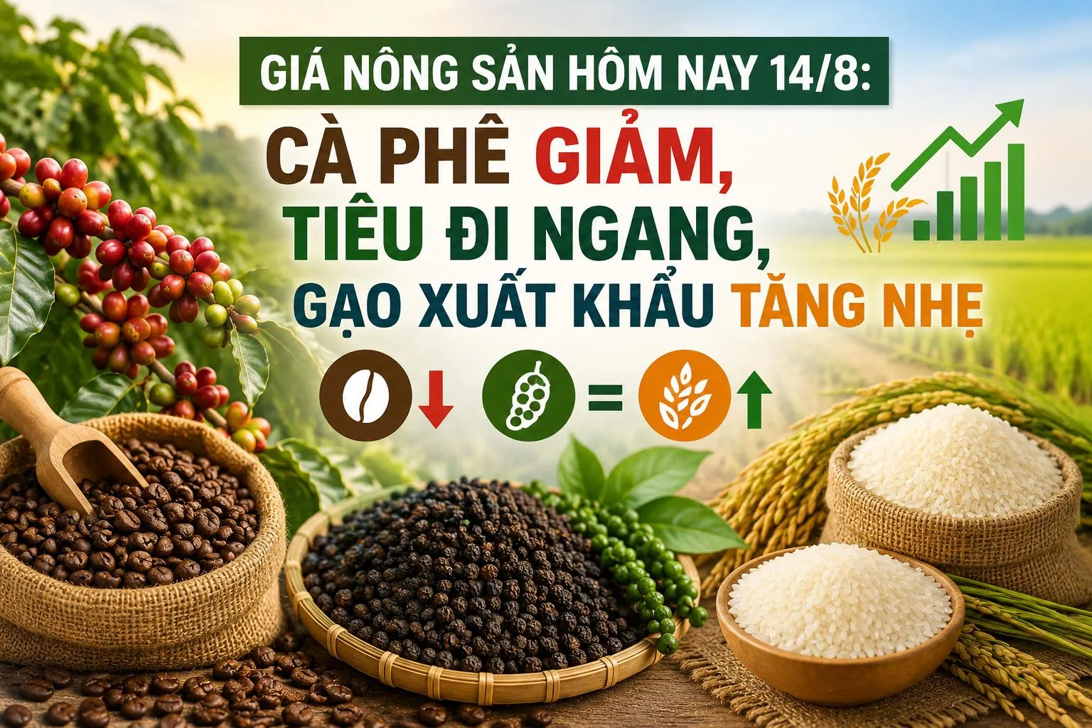 Giá nông sản hôm nay 14/8: Cà phê giảm phiên thứ hai, hồ tiêu đi ngang, gạo xuất khẩu tăng nhẹ