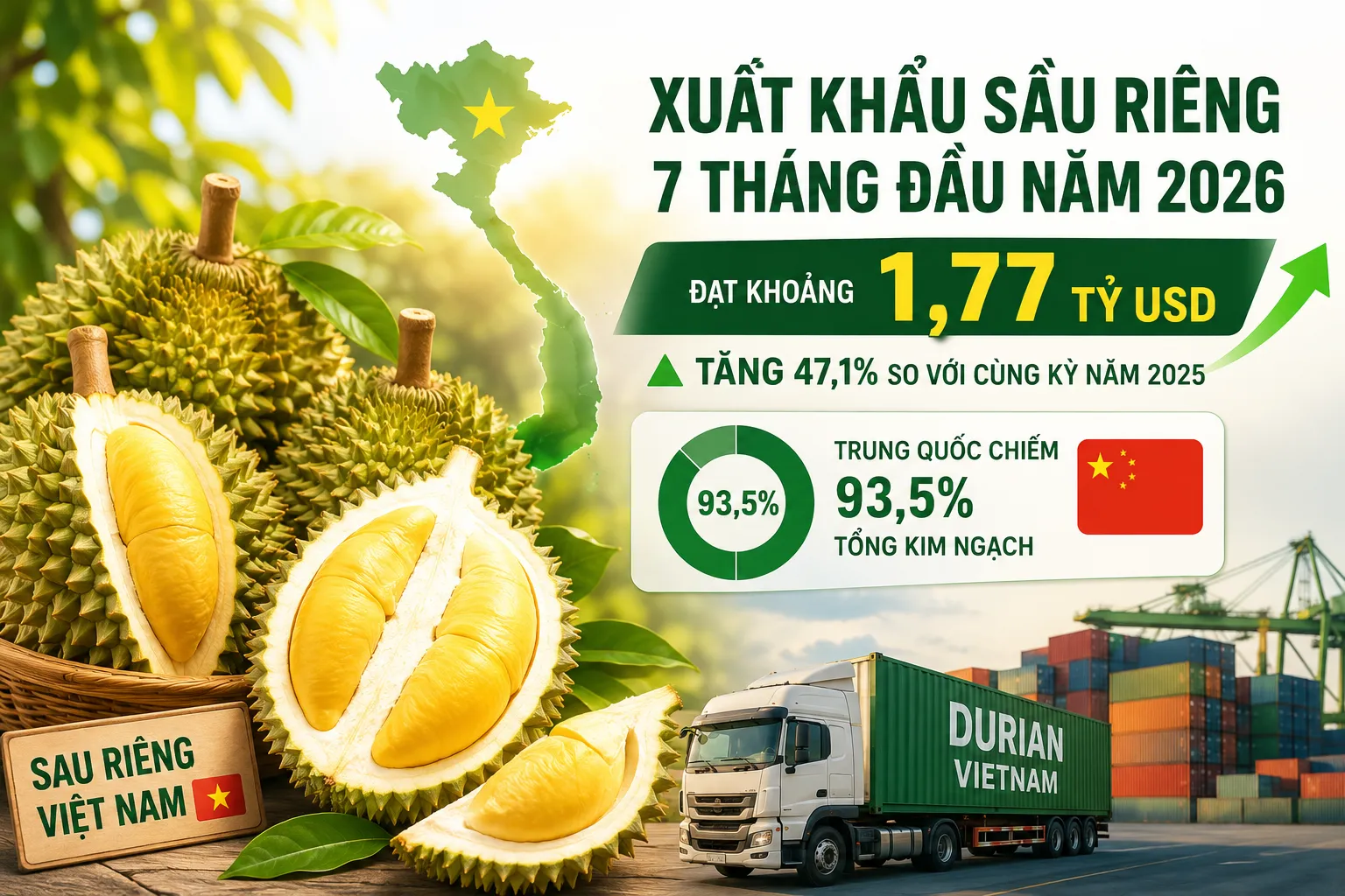 Xuất khẩu sầu riêng 7 tháng đạt 1,77 tỷ USD: Trung Quốc vẫn chi phối, giá bán bắt đầu chịu sức ép