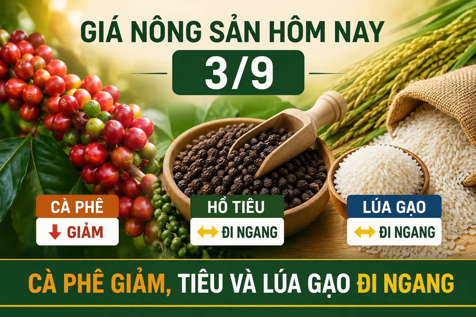 Giá nông sản hôm nay 3/9: Cà phê tiếp tục giảm, tiêu và lúa gạo ổn định
