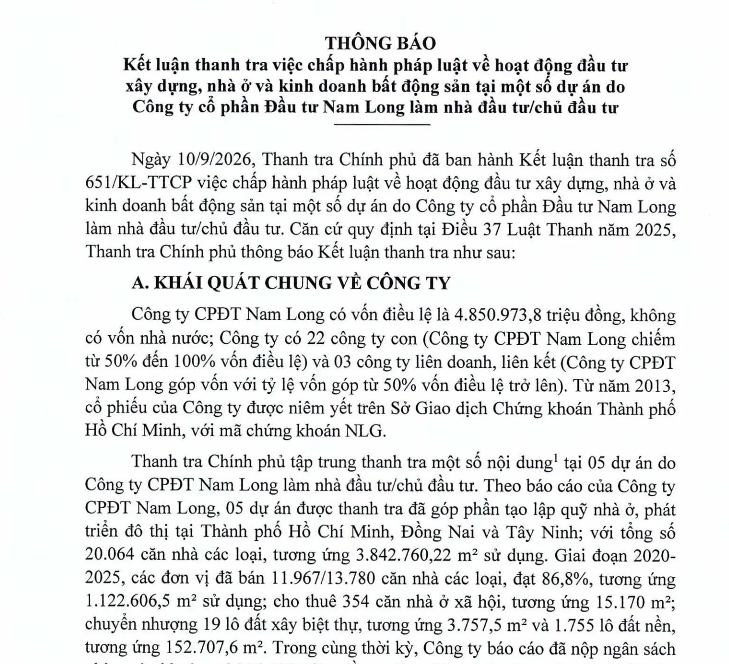 Thanh tra Chính phủ chỉ ra hàng loạt vấn đề cần rà soát tại các dự án Nam Long