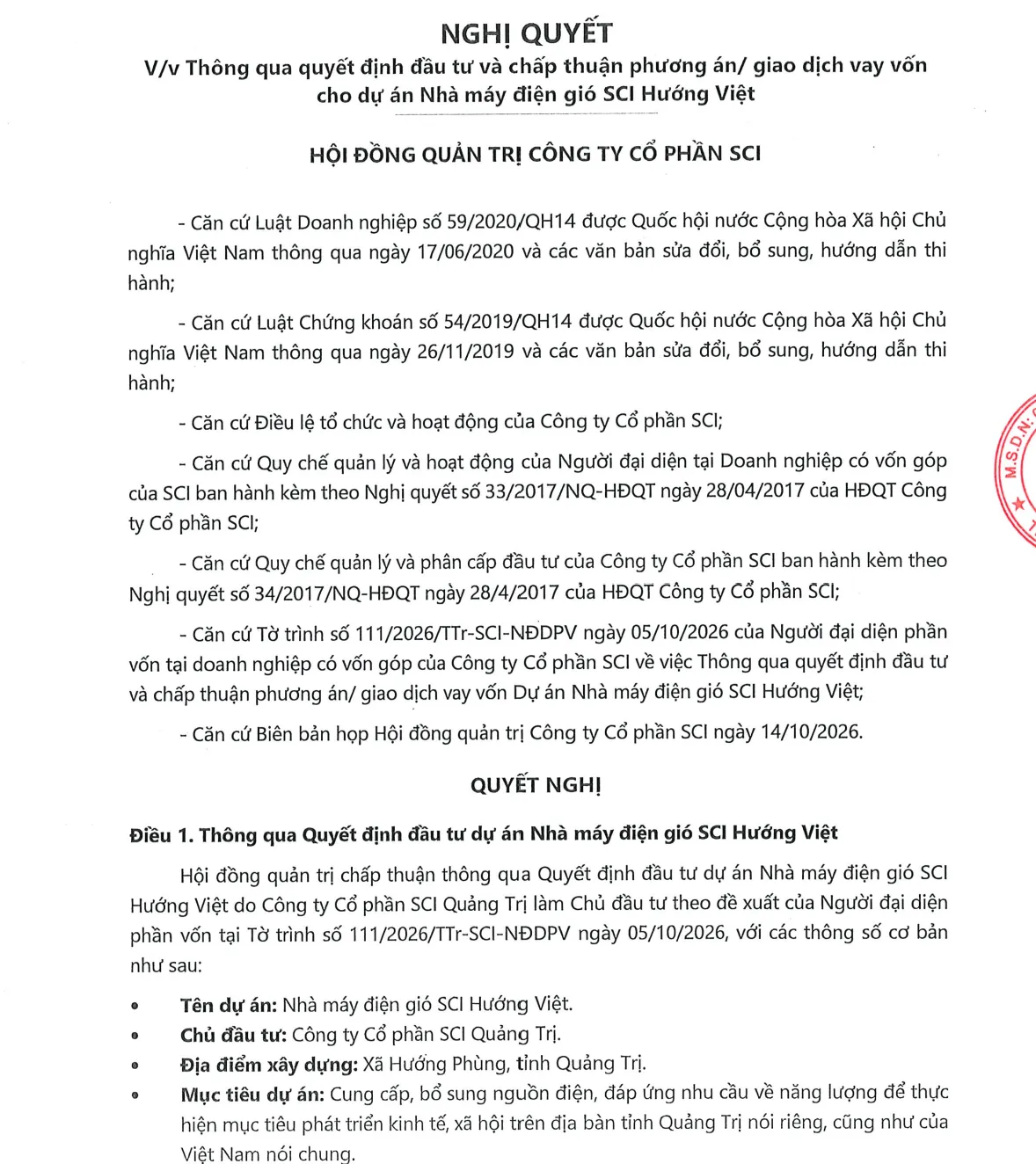 SCI lên kế hoạch vay vốn cho dự án điện gió gần 1.390 tỷ đồng