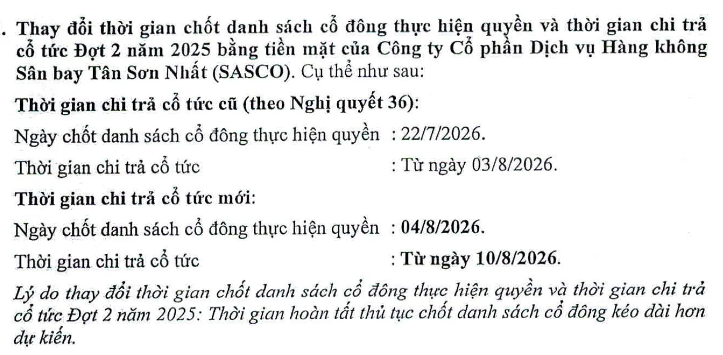 SASCO thay đổi thời gian chi trả cổ tức. Nguồn: SASCO