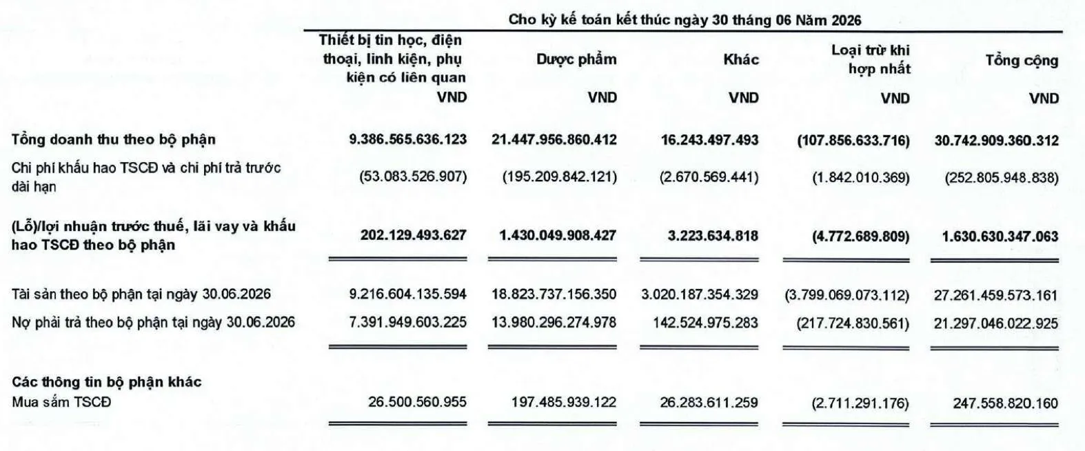Mảng dược phẩm mang về gần 21.448 tỷ đồng doanh thu, tương đương gần 70% doanh thu hợp nhất của FPT Retail. Nguồn: BCTC hợp nhất quý II/2026.