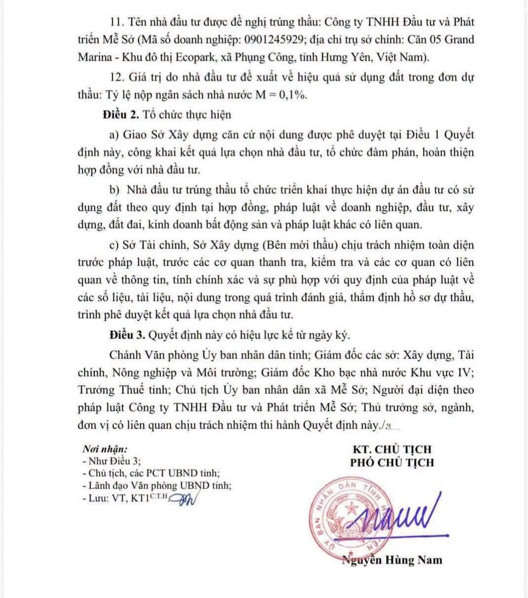 Công ty TNHH Đầu tư và Phát triển Mễ Sở được lựa chọn thực hiện dự án Khu đô thị mới Mễ Sở tại Hưng Yên. Nguồn: Quyết định 3069/QĐ-UBND