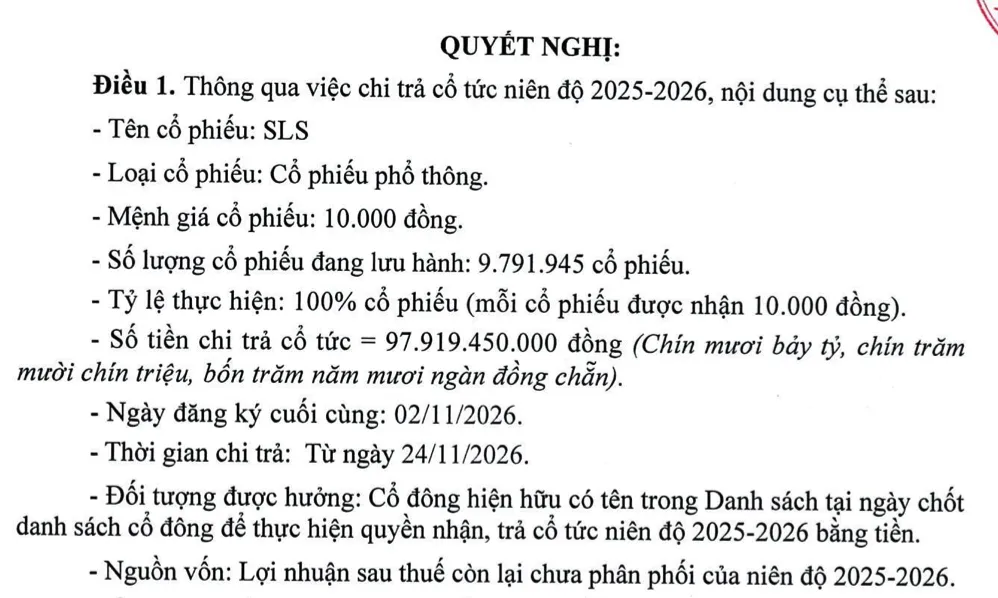 Mía đường Sơn La dự kiến chi gần 98 tỷ đồng trả cổ tức tiền mặt tỷ lệ 100%. Nguồn: SLS.